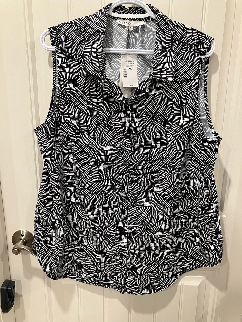CLEO Top Button Up Sleeveless Collar BLACK WHITE XL
